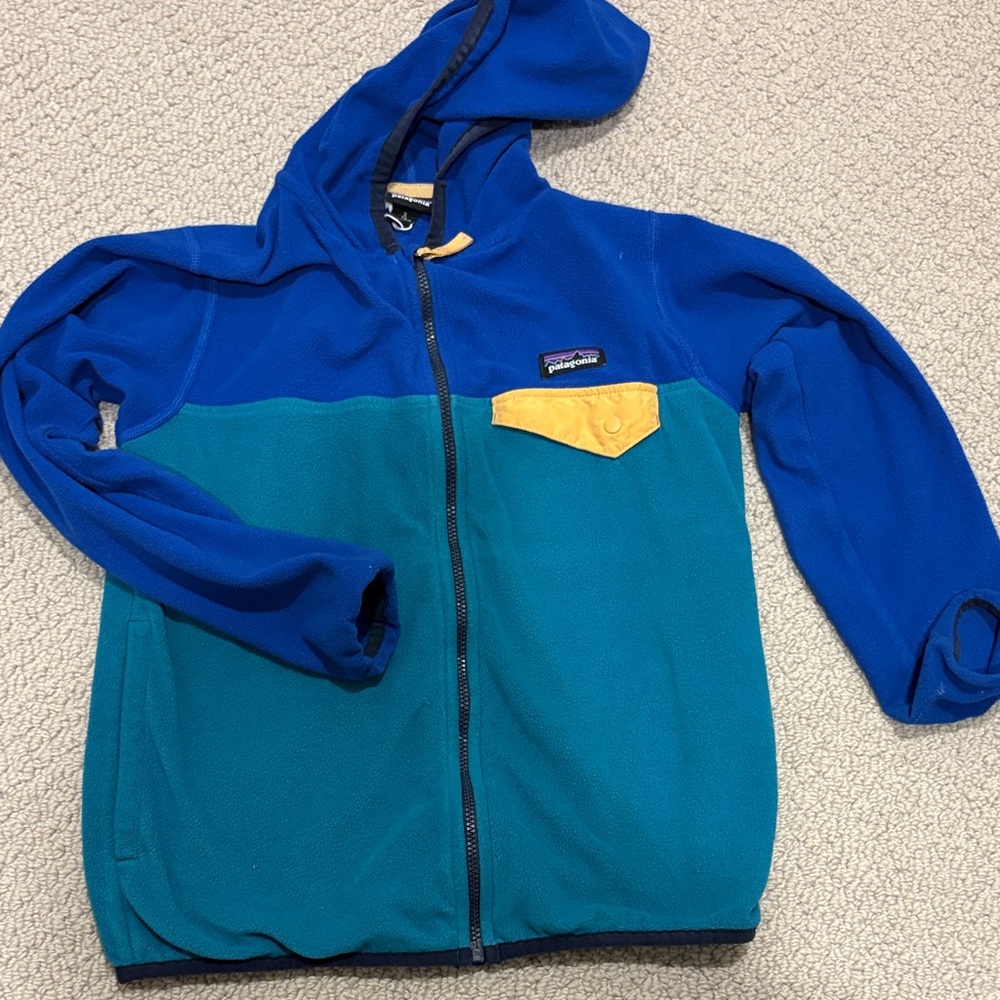 Patagonia Kids Blue and Teal Hoodie with Yellow Accent